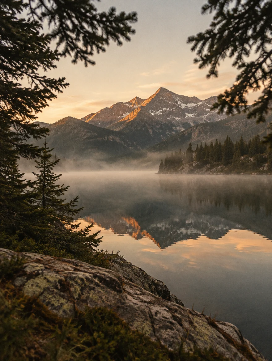 Stiller Bergsee im Morgennebel mit Spiegelung der Gipfel