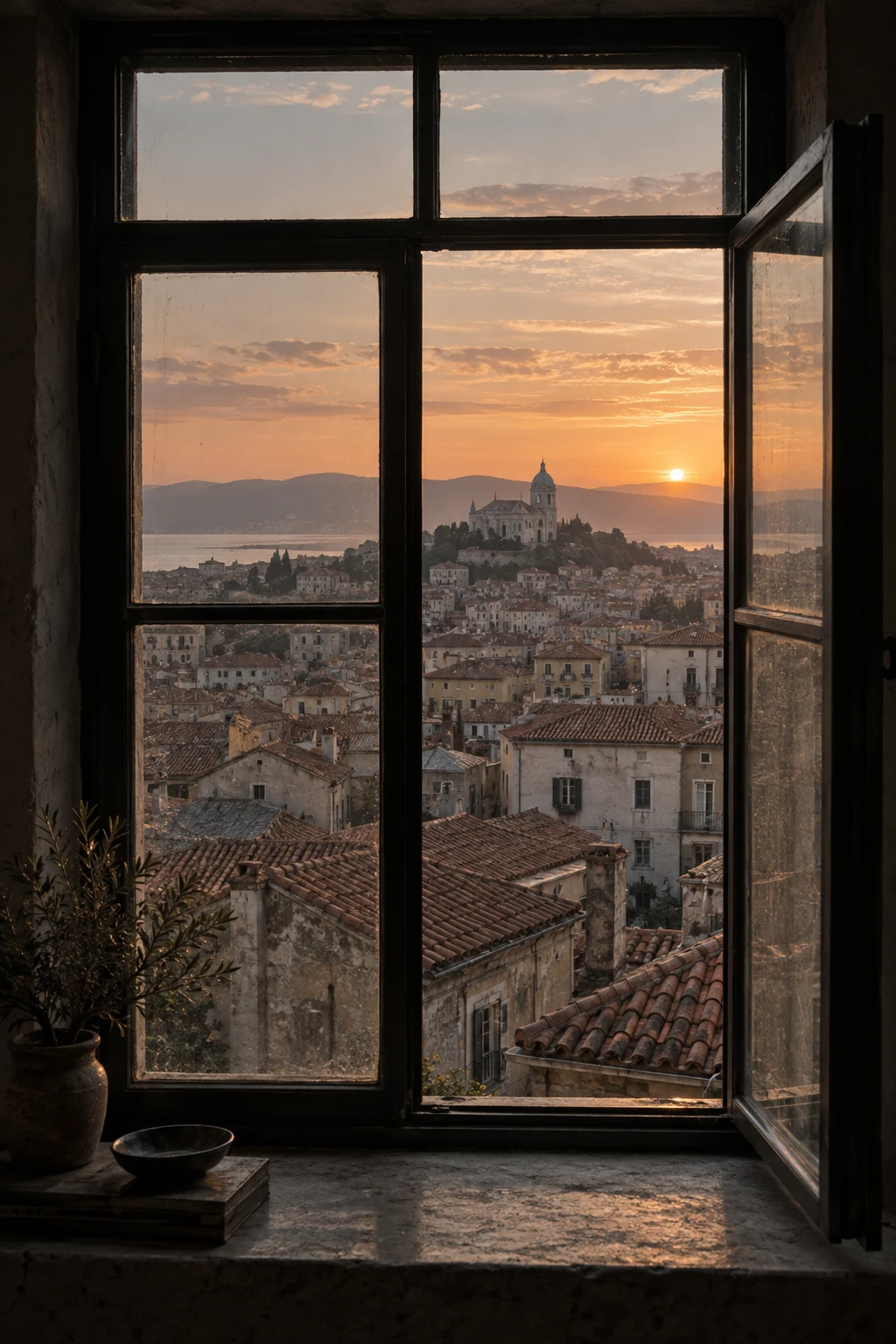 Abendlicher Blick durch ein altes Fenster auf eine mediterrane Stadt