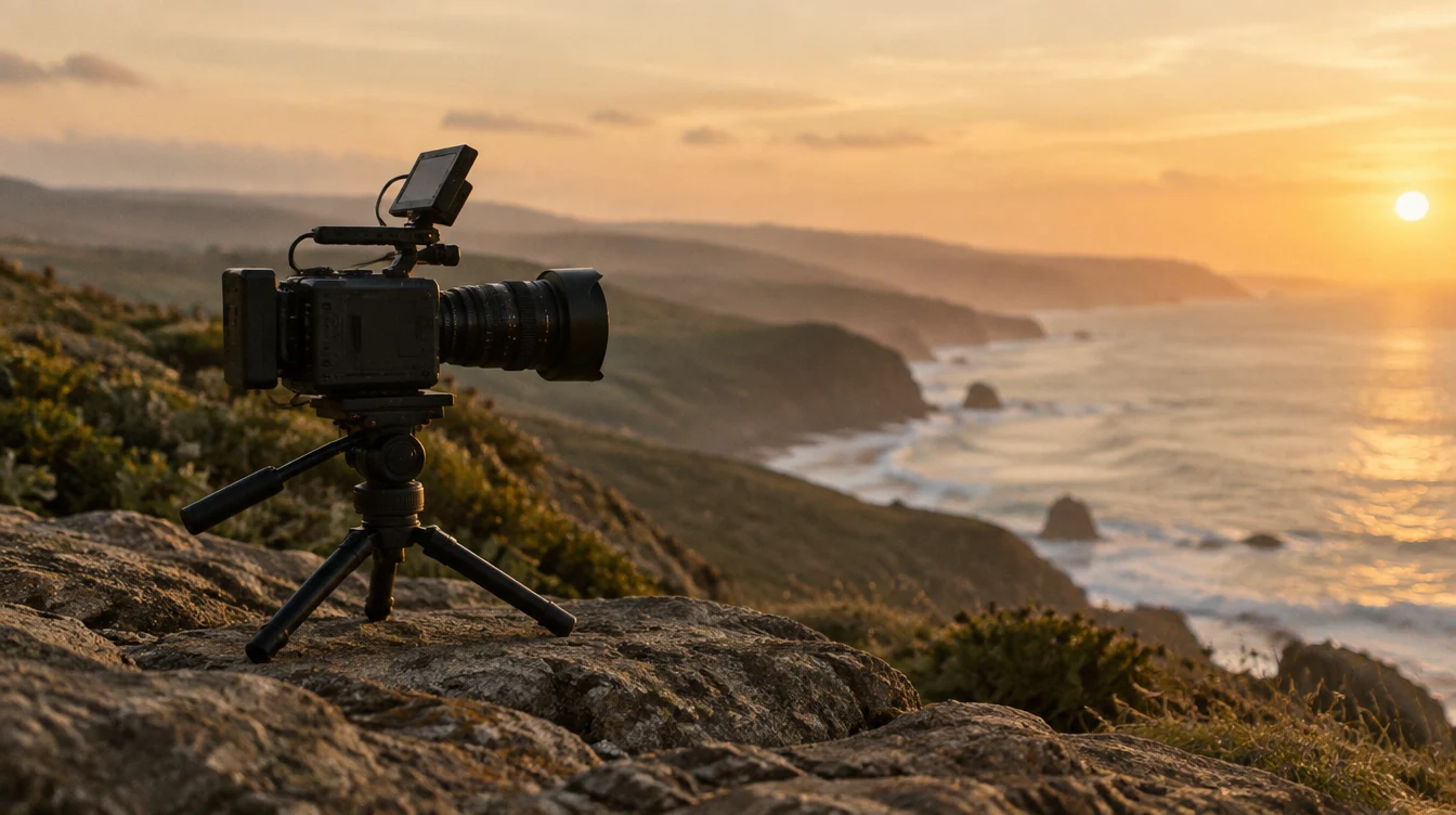 KI-Vorschaumotiv: Filmkamera auf einem Stativ am Meer