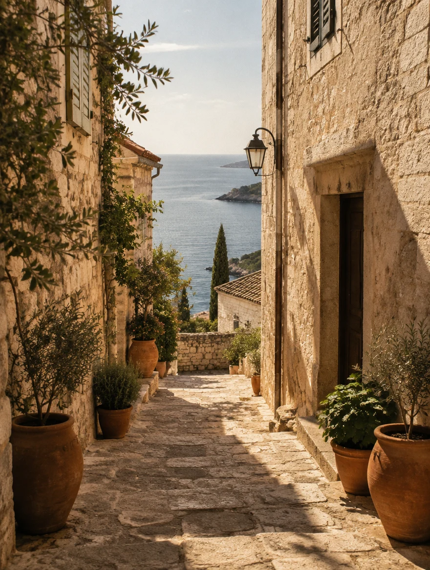 Sonnige Gasse mit hellen Steinmauern, Terrakottatöpfen und einem Blick aufs Meer