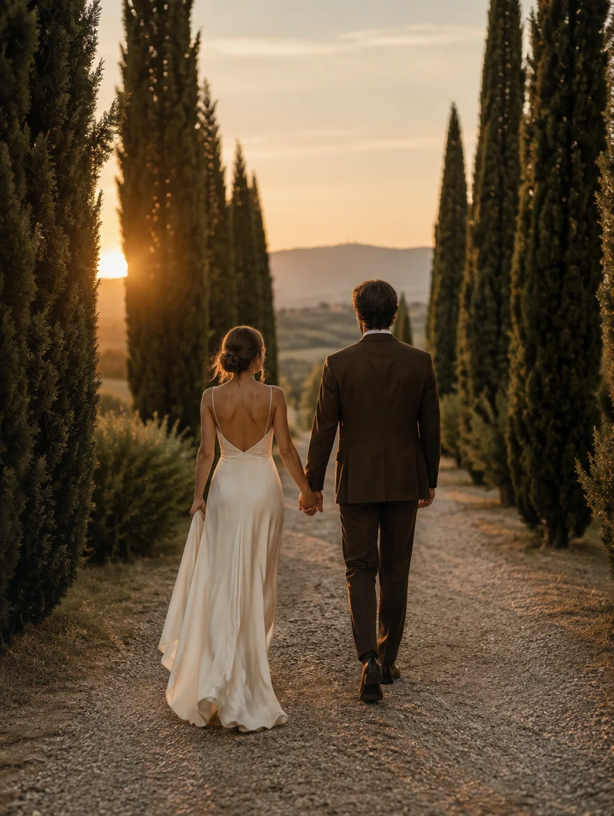 KI-Stimmungsmotiv: ein Hochzeitspaar von hinten auf einem Weg im Abendlicht