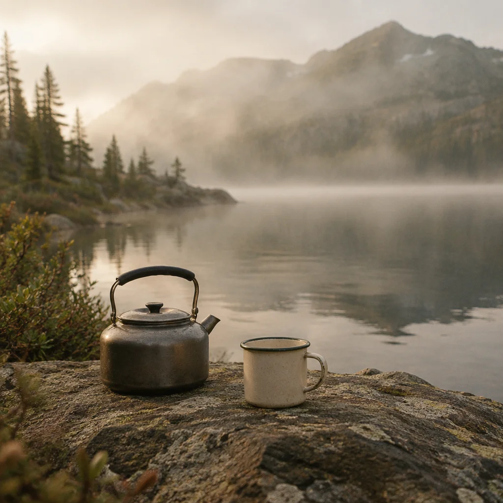 KI-Stimmungsmotiv: Kaffeekanne und Tasse am See