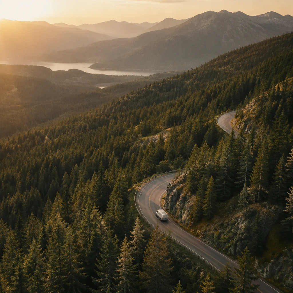 KI-Stimmungsmotiv: Eine Passstraße durch bewaldete Berge