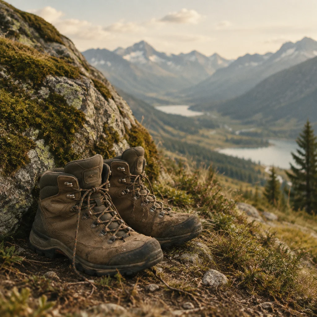 KI-Stimmungsmotiv: Wanderschuhe vor einer Berglandschaft