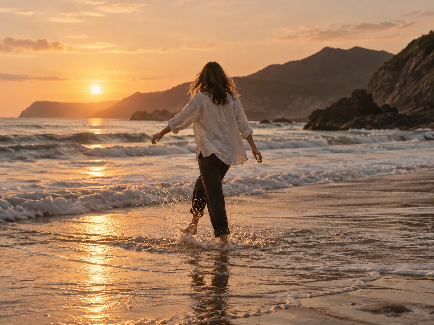 Eine Person von hinten im warmen Abendlicht am Meer