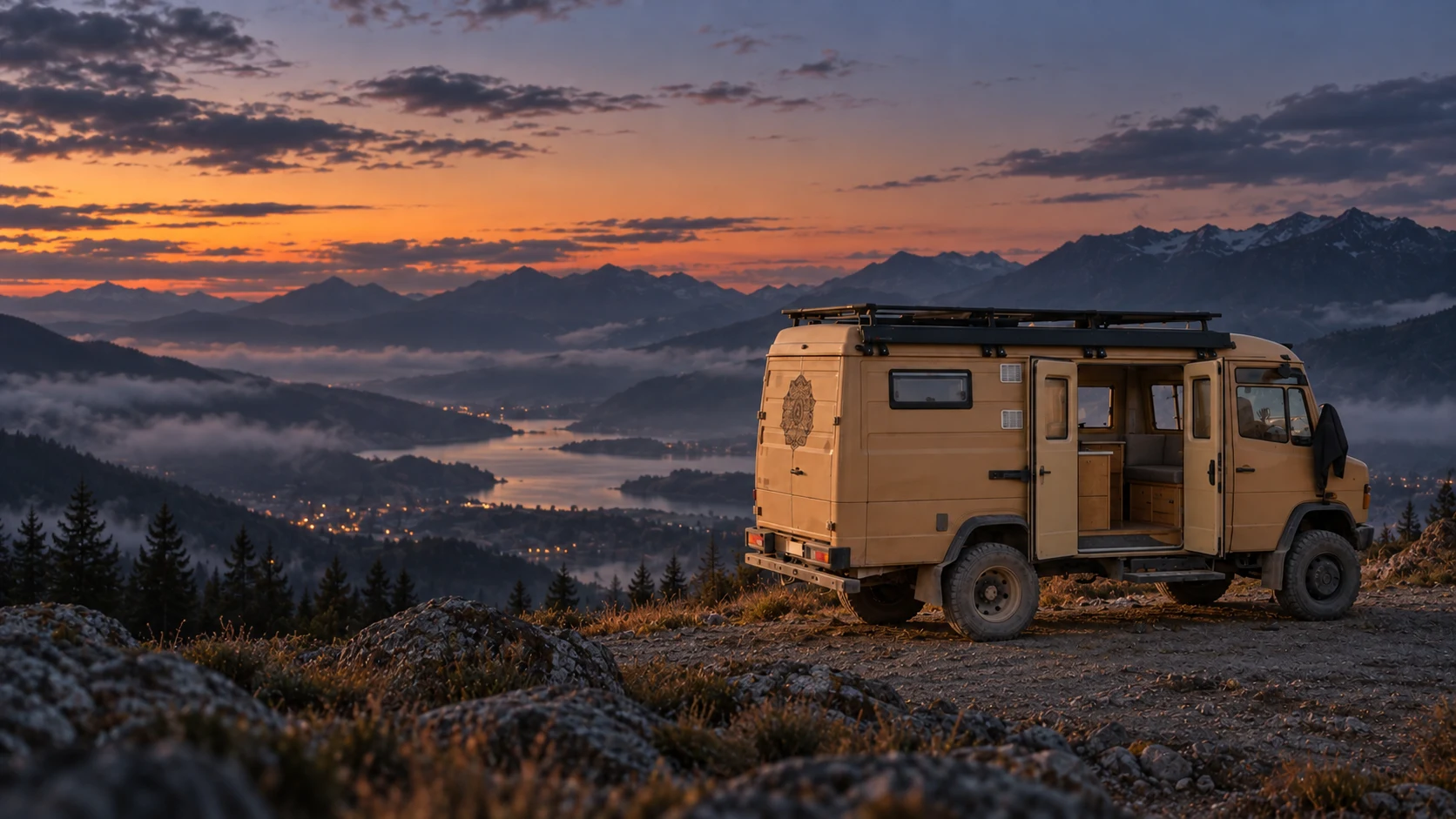 Entwurfsmotiv der Wilden Hummel: sandfarbener 4x4 Vario vor Bergen und See in der Abenddämmerung