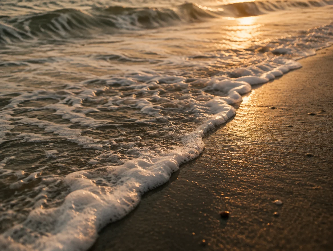 Sanfte Welle auf dunklem Sand mit goldenen Lichtreflexen
