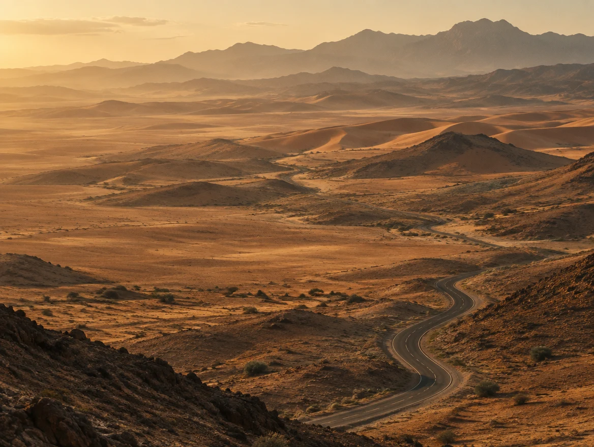 Eine schmale Straße durch weite ockerfarbene Wüstenlandschaft